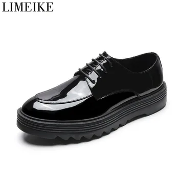 

LIMEIKE Patent leather Shoes Increase thick bottom Wedding Party Shoes Mens Brogue Business Office Oxfords Flats