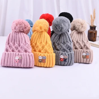 

Bear Labeling Baby Hats With Pom Poms Knit Wool Turban Beanie Warm Caps Soft Hat For Childern Girls Boys Bonnet Autumn Winter