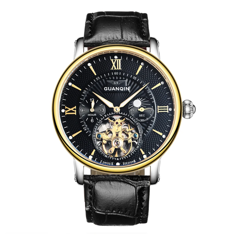 GUANQIN GJ16036 часы для мужчин люксовый бренд Tourbillon автоматические спортивные часы с фазой Луны золотые мужские кожаные Наручные часы - Цвет: Black Black Belt