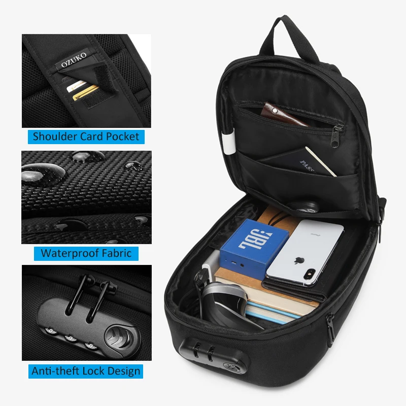 Multifunction Men Chest Pack Lock Design Shoulder Bag USB Sling Crossbody Bag