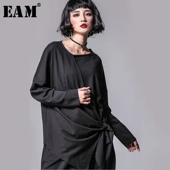 

[EAM] 2020 New Spring Autumn Round Neck Long Sleeve Black Irregular Hem Bandage Big Size T-shirt Women Fashion Tide JO116