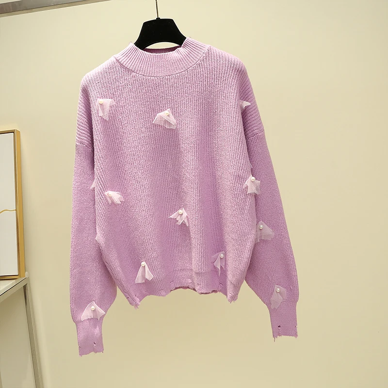 

FMFSSOM Autumn Winter Woolen Warm Floral Soft Turtleneck Knitted Solid Women Female Pullovers Sweater