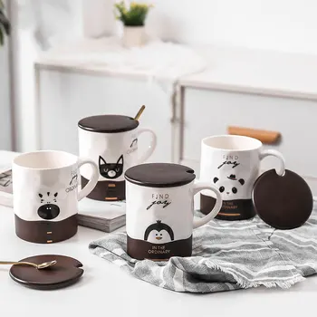 

Brief Cartoon Penguin Panda Ceramic Mug Nordic Bone China Coffee Mug with Lid Spoon Household Office Milk Mug for Men Women Gift