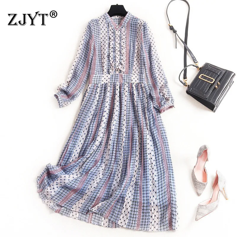 

2020 New Fashion Women Spring Dresses Lady Elegant Three Quarter Sleeve Ruffle Striped Print Aline Casual Chiffon Dress Vestidos
