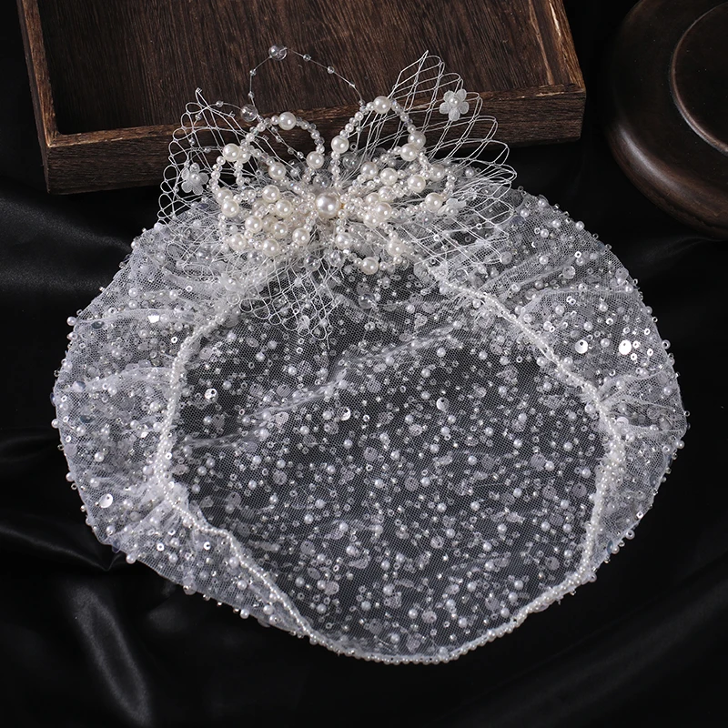 White Simulated Pearl Headband Fascinator Hat Vintage Wedding Bridal Headpiece Hairbands Hair Accessories Handmade Birdcage Veil