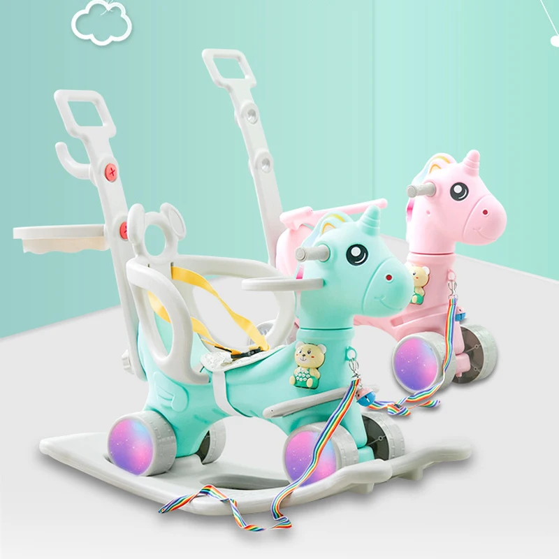 Tanie Niemowlę lśniące dziecko zabawki do jeżdżenia 5w1 jednorożec Rocking Horse gramofon koszyk Flash pogrubienie podwozie dzieci kryty zabawki