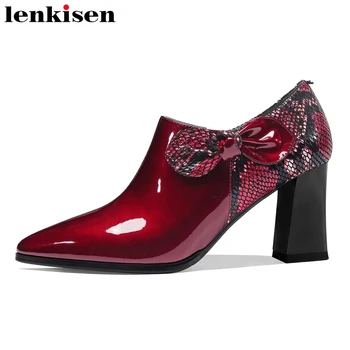 

Lenkisen plus size genuine leather snack pattern pointed toe high heels brand shoes bowtie beauty lady gorgeous women pumps L77