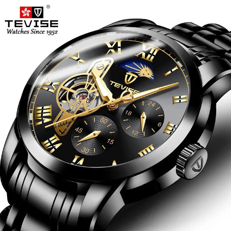 

Top Luxury Brand TEVISE Men Automatic Mechanical Watch Moon phase Stainless steel Tourbillon Skeleton Male Wristwatch