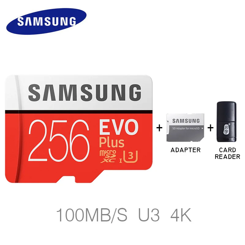 Карта Microsd SAMSUNG 256G 128 Гб 64 ГБ 32 ГБ 16 ГБ 8 ГБ 100 МБ/с./с класс 10 U3 U1 SDXC класс EVO+ Micro SD карта памяти TF флэш-карта - Емкость: 256GB and Reader