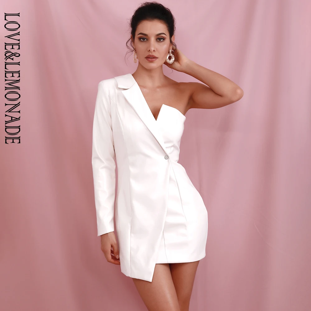 LOVE&LEMONADE Sexy White Irregular Collar Cross Long Sleeve Reflective PU Bodycon Party Mini Dress(With Zip) LM81781-2