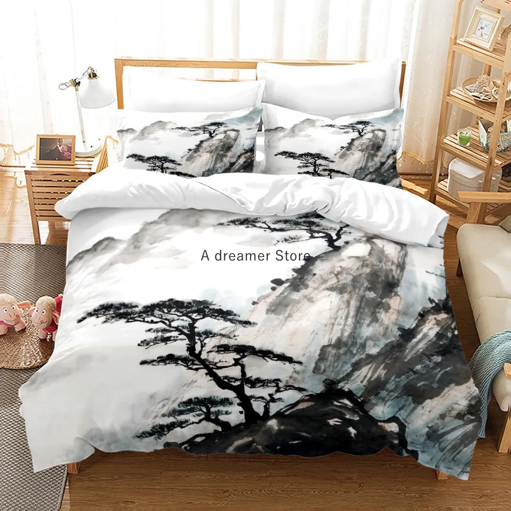 Chinese Ink Painting Plum Blossom Bamboo Bedding Set Fashion Art Duvet Quilt Cover With Pillowcases 200x200 Size Adults Textile 