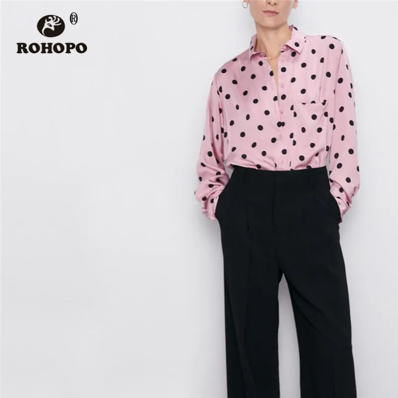 

ROHOPO Black Polk Dot Long Lantern Sleeve Pink Blouse Turn Down Collar High Low Length Single Welted Pocket Tops Blusa #9331