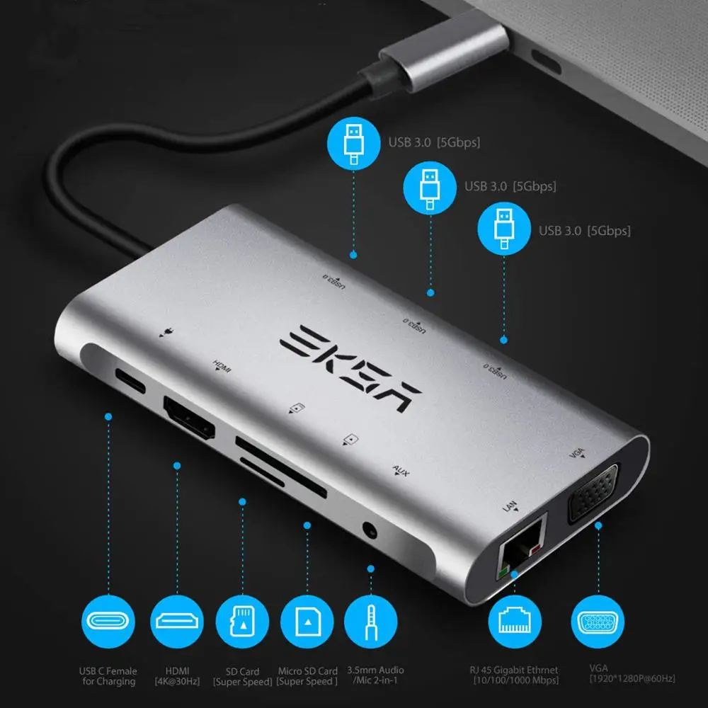 EKSA концентратор USB type C до 3,0 USB HDMI RJ45 usb-хаб для MacBook Pro Аксессуары USB разветвитель Мульти 10 портов type C концентратор USB-C