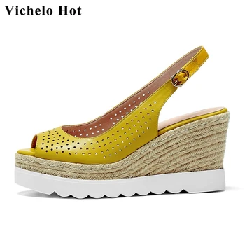 

Vichelo Hot new genuine leather peep toe high heels wedges comfortable fretwork beauty lady streetwear fashion sandals women L11