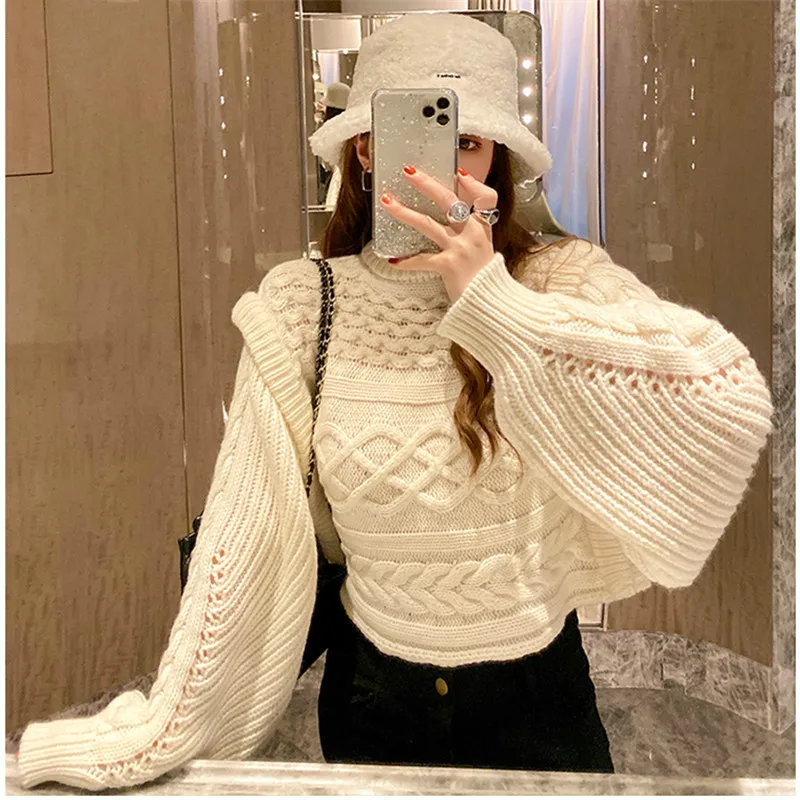 

2019 Winter Fake Two Pieces Twisted Knitted Pullover Sweater Women Long Sleeve O-neck Hollow Korean Casual Tops Sweaters