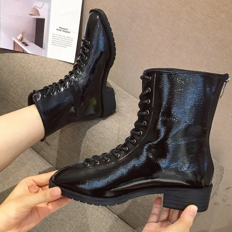 

Round Toe Low Heels booties Lace Up Boots Shoes Winter Women Luxury Designer Booties Ladies Bootee Woman 2019 Ankle Autumn