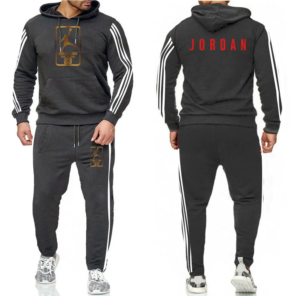 Great Value 2 Pieces Sets Tracksuit Men New Brand Autumn Winter Hooded Sweatshirt +Drawstring Pants Male Stripe Patchwork Hoodies Bigsweety