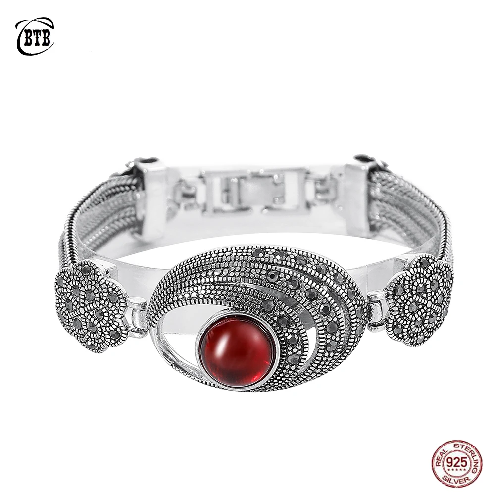 Овальный натуральный красный камень, настоящий 925 пробы, серебряный браслет, черные кристаллы, цветок, винтажный тайский серебряный браслет, ювелирное изделие для женщин