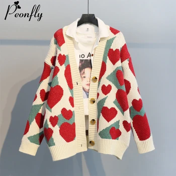 

PEONFLY Elegant Knitted Cardigan Women Loose Casual Heart Printed Korean Style Thick Sweaters Jumper Women Jacket Femme