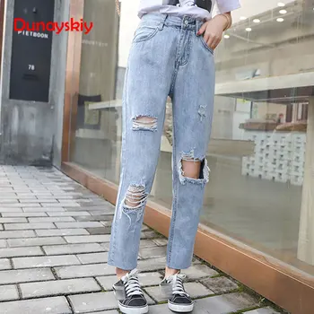 

Women Hole Jeans Female Loose Casual Denim Harem Pants High Waist Old Vintage High Waist Zipper Fly Butoon Ankle Length Autumn