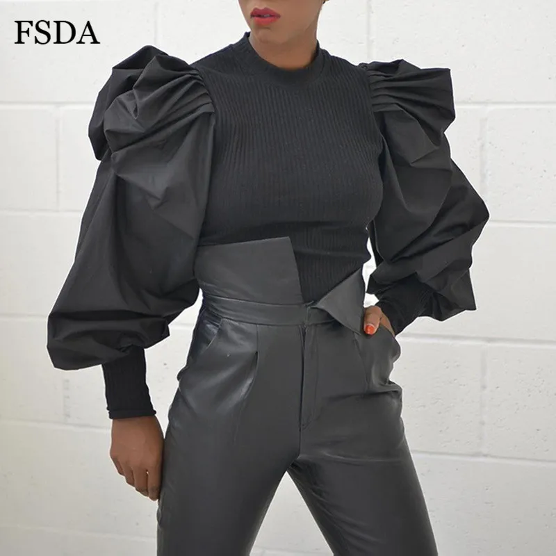 FSDA с круглым вырезом и длинными рукавами-фонариками белый черный свитер женский повседневный элегантный осенний Женский пуловер винтажные свитера