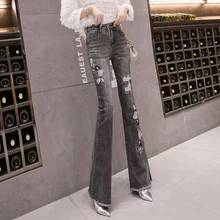 Эластичные черные джинсы больших размеров, расклешенные женские джинсы, джинсовые штаны с цветочной вышивкой, винтажные джинсы с завышенной талией, джинсы для мам