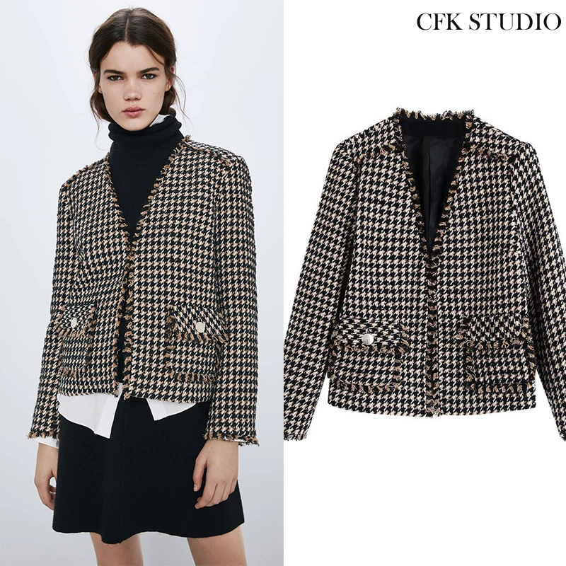 Za Women Blazer 2020 New Spring Plaid Print Pocket Elegant Brown Coat Femme Autumn Office Wear Loose Vintage Jacket | Женская одежда