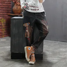 Осенние зимние джинсы женские свободные повседневные джинсовые брюки с эластичной резинкой на талии новые женские винтажные брюки с вышивкой в стиле пэчворк