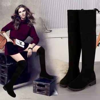 

Round Toe Solid Fashion Women Over-the-Knee Boots Square Heel Slip-On Elastic Long Thigh Boots Med Flock Sewing Winter Shoes