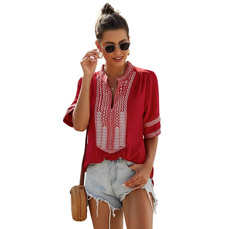 SEBOWEL Casual Embroidery Print Woman T-Shirts Half Sleeve V-neck Loose Female Tops New Fashion Summer Plus Size Clothes