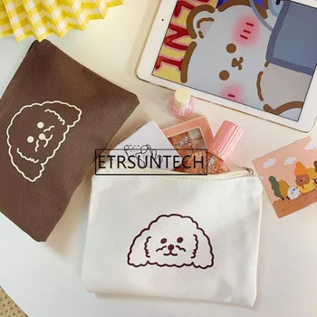 

50pcs Cartoon Curly Dog Canvas Pencil Bag Large Capacity Simple Style Handbag Cosmetics Storage Bag