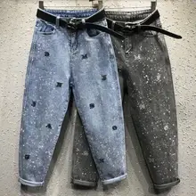 Размера плюс 26-31! Весна-осень стильные джинсы с вышивкой для женщин свободные с длинным голеностопном штаны-шаровары