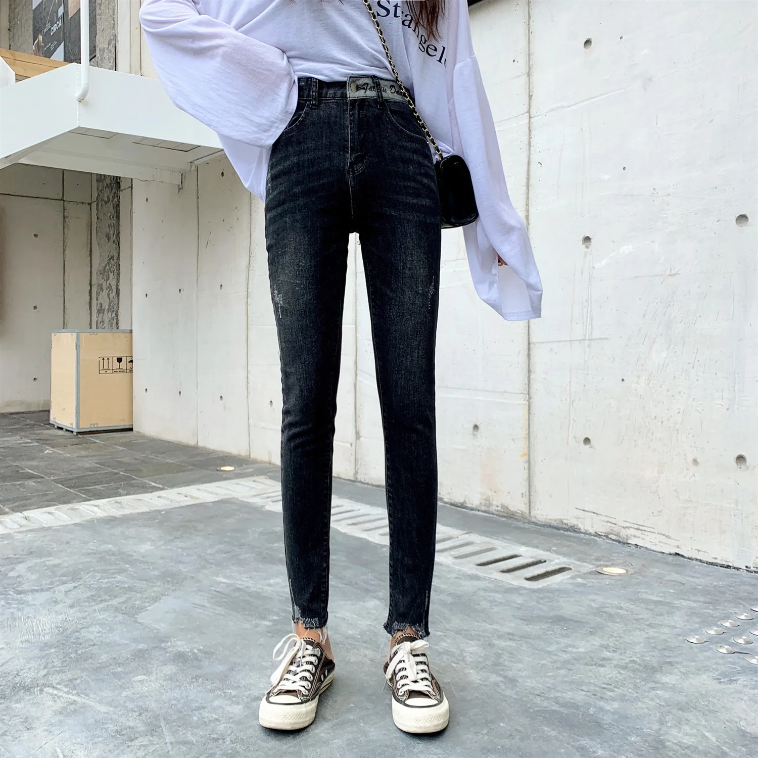 

JUJULAND woman casual Stretch high-waisted Embroidered skinny jeans autumn black pencil pants 8777