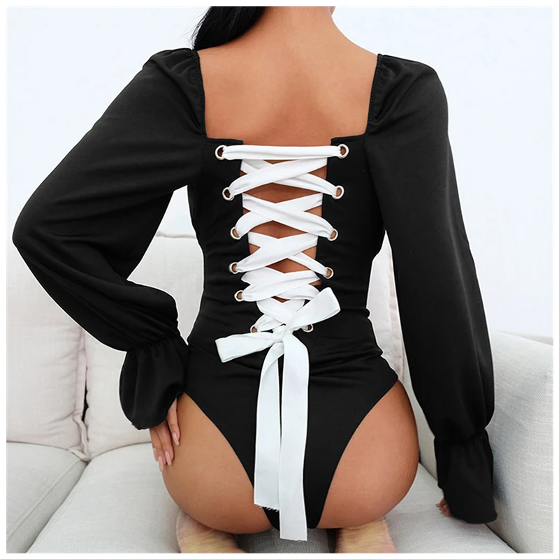 

2021 Summer Sexy Backless Strap Square Collar Bud Long Sleeve Lolita Fashion Conjoined Triangle Tight Sweet Girl Bodysuits Sexy