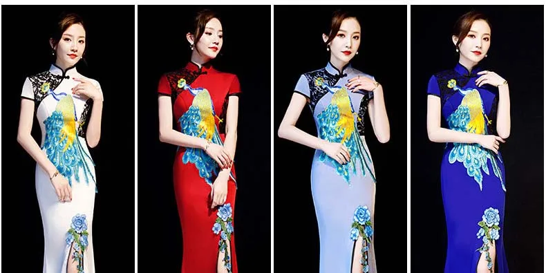 Подиум шоу хор cheongsam рыбий хвост юбка среднего возраста и пожилых команда сцена ведущий был тонкий Ципао для банкета вечернее платье