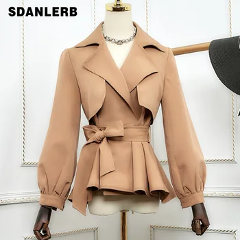 

Women Short Suit Jacket Coat Women 2019 Autumn Korean Belt Waist Slim Lantern Sleeve Thin Coat Windbreaker Outerwear Girls Lady