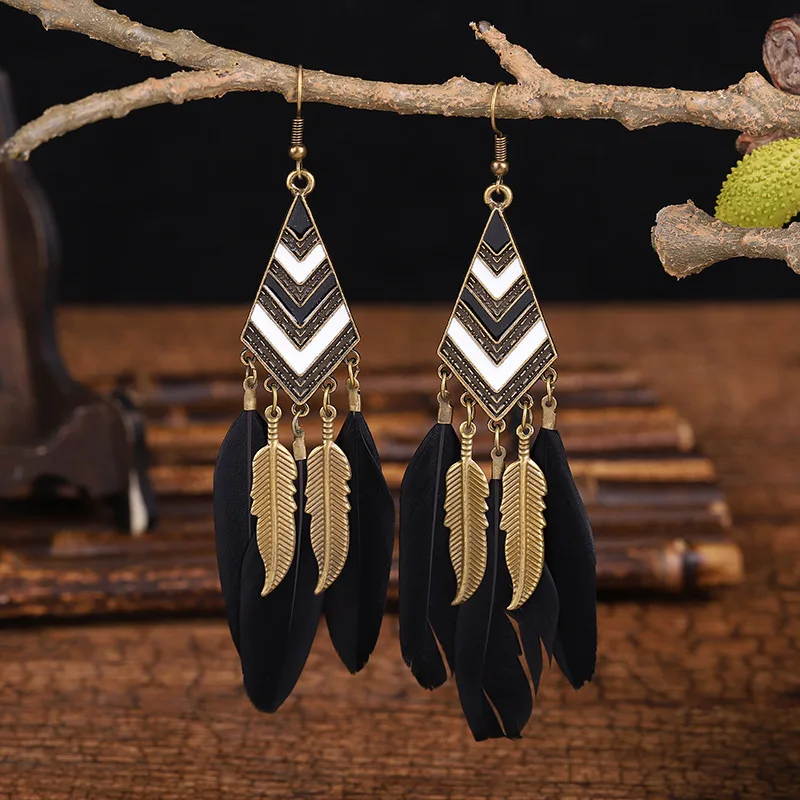 Geometric Bohemian Vintage Tassel Feather Earrings Women Jewelry Fashion Long Chain Dangle