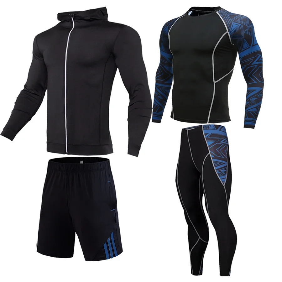Осенне-зимний беговой костюм, 1-4 предмета, спортивный костюм, мужские спортивные колготки, толстовка с капюшоном, пуловеры, леггинсы, спортивные комплекты для бега, S-4XL - Цвет: blue black