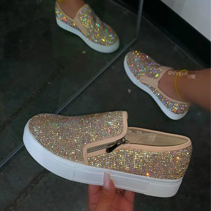 2020 Women Flat Loafers Woman Shinning Crystal Rhinestone Female Autumn Big Size Flat Platform Women