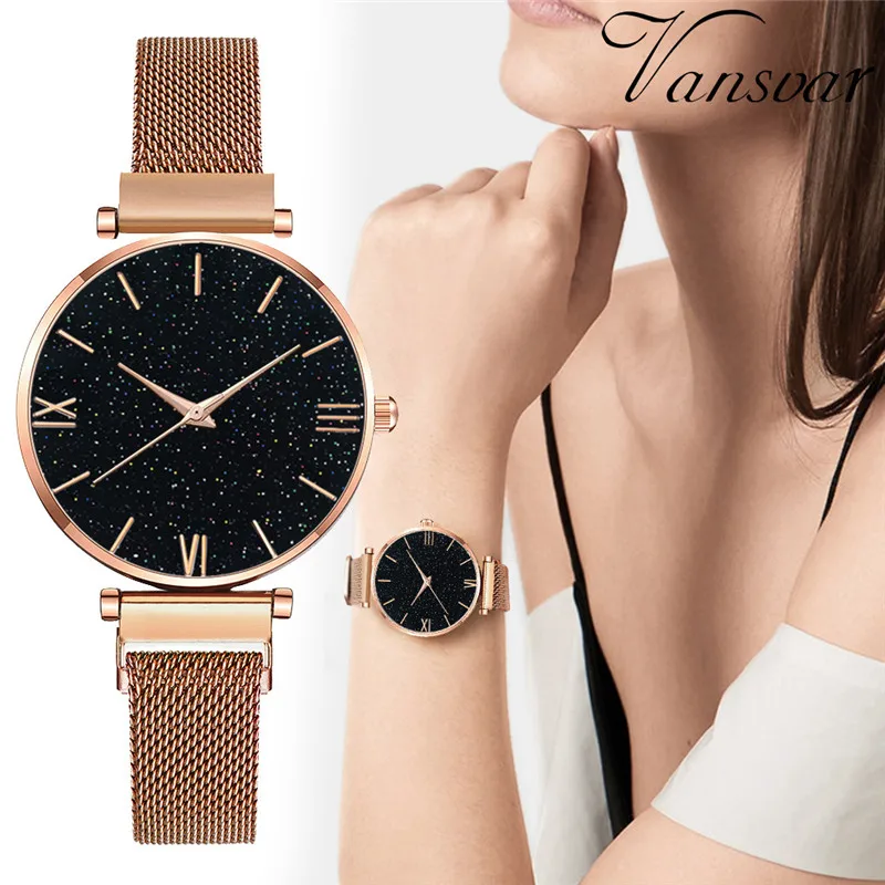 

Fashion Rose Gold Magnet Ladies Wristwatch Luxury Women Watches Mesh Brand 2019 New Starry Sky Roman Numeral Gift Clock mujer