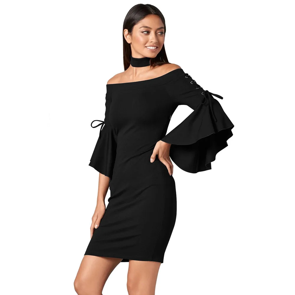 

Shi ying Europe And America WOMEN'S Dress Mini Formal Dress Sexy off-Shoulder Horizontal Neck Trumpet Three-quarter-length Sleev