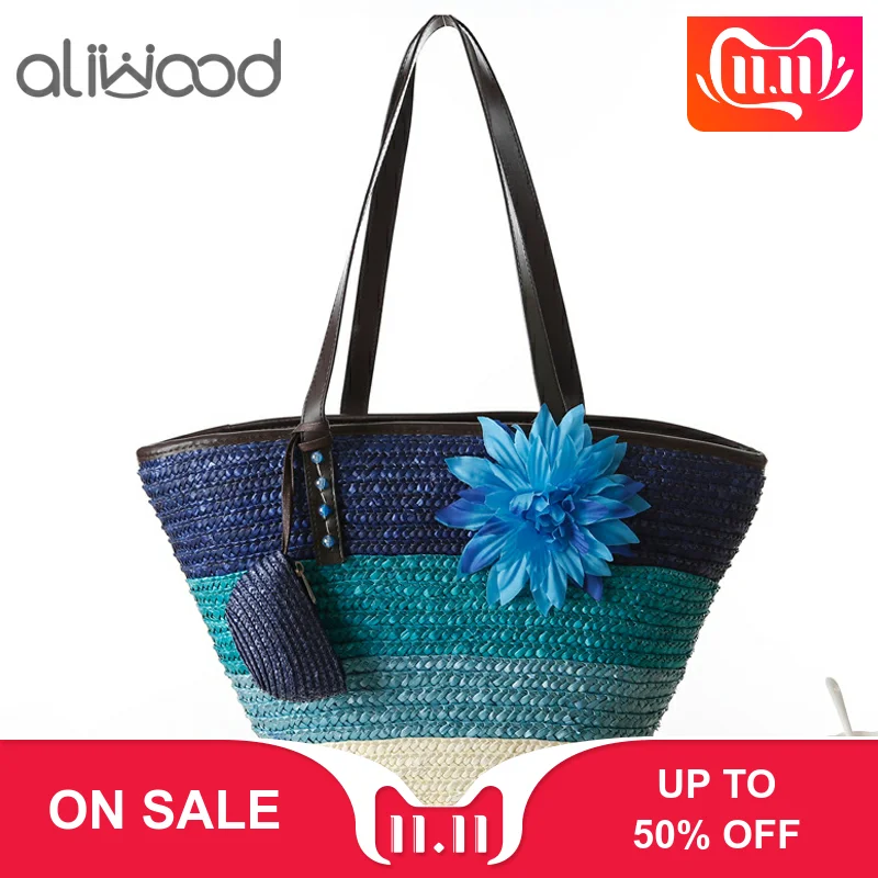 

aliwood Trendy Flower Bohemian Wicker Women Beach bags Straw Bags lady Shoulder Bag Handbag Rattan Knitting Tote Bolsas Feminina