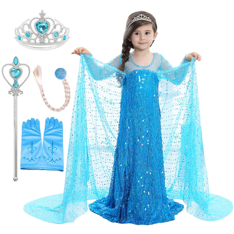 

2020 Elsa Dresses for Girls Princess Elsa Costumes Party Cosplay Elza Vestidos Magic Wand Accessories Set Children Girls Dress