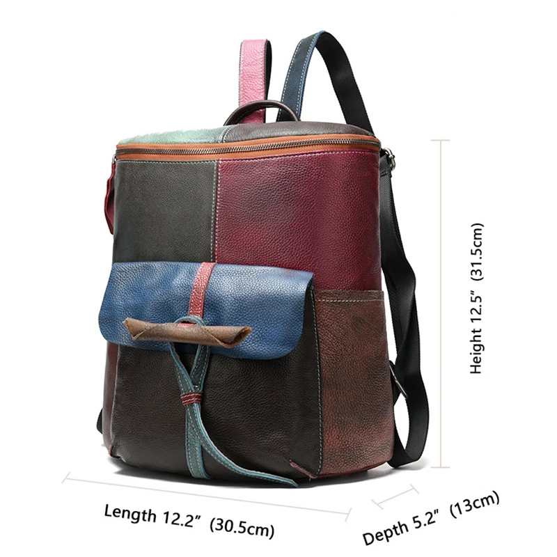 Leather Handmade Vintage Women Backpack Female Bags Cow Leather Backpack Patchwork Colorful Bag