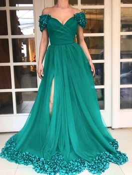 

Green Muslim Evening Dresses 2019 A-line Off The Shoulders Tulle Flowers Slit Islamic Dubai Saudi Arabia Long Evening Gown Prom