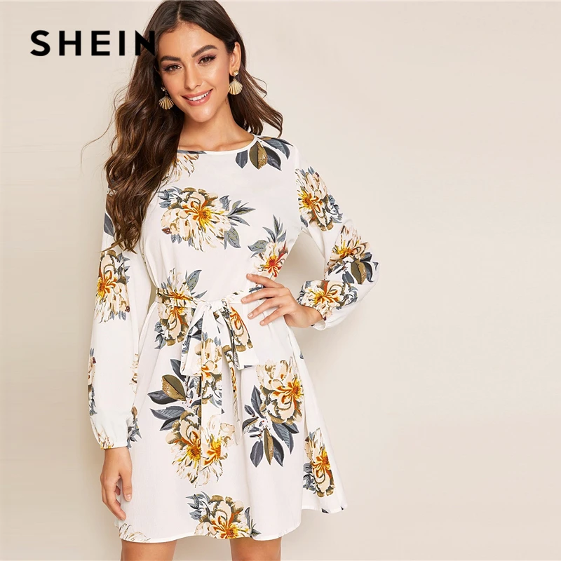 SHEIN белое платье с цветочным принтом и вырезом на спине, с поясом, женское осеннее однотонное платье с круглым вырезом и длинными рукавами, туника, короткие платья в стиле бохо