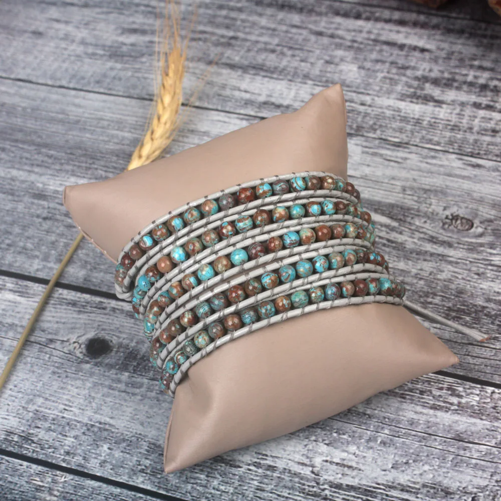 Boho 5X Wrap браслет для женщин и мужчин кожаная веревка с камнем океана из бисера
