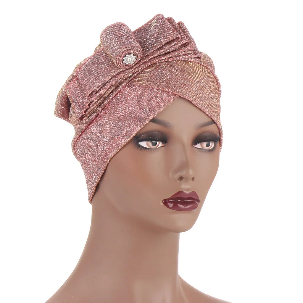 GETACOTA 3-Piece Pleated Glitter Turban For Women – Stretchy Headwrap, Beanie, African Style Cap | Gold+Red, Medium Size - View #9