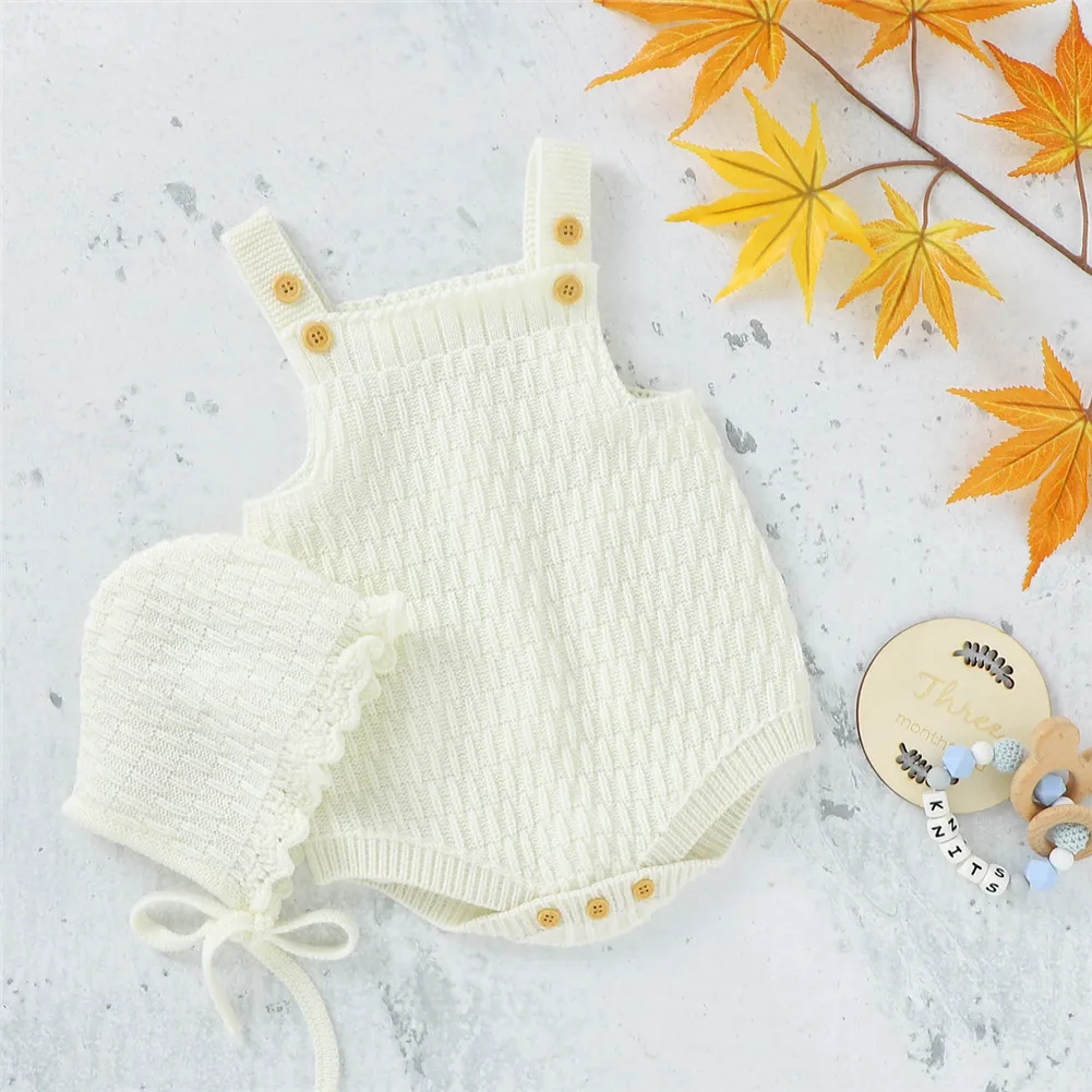 Baby Spring Autumn Clothes Set Knitted Romper Triangle Crotch Button One-Piece Jumpsuit+Hats Toddler Baby Boys Girls 2Pcs baby clothing set line Baby Clothing Set