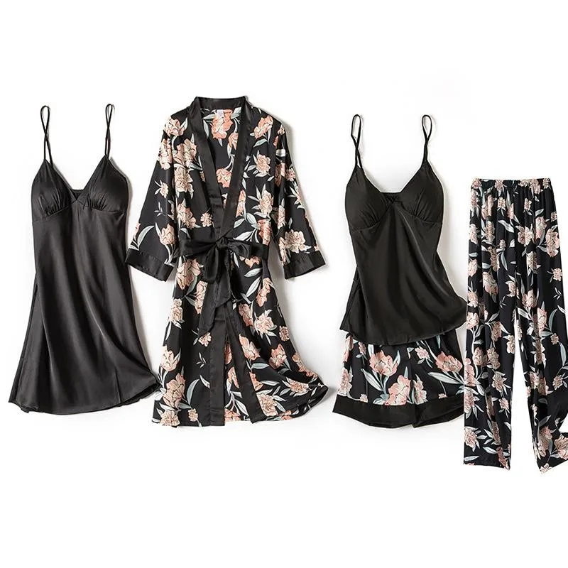 Blue Sleep Set Intimate Lingerie Sexy Nighty&Robe Suit New Women Kimono Bathrobe Gown Satin Print Flower Sleepwear Homewear women sleepwear